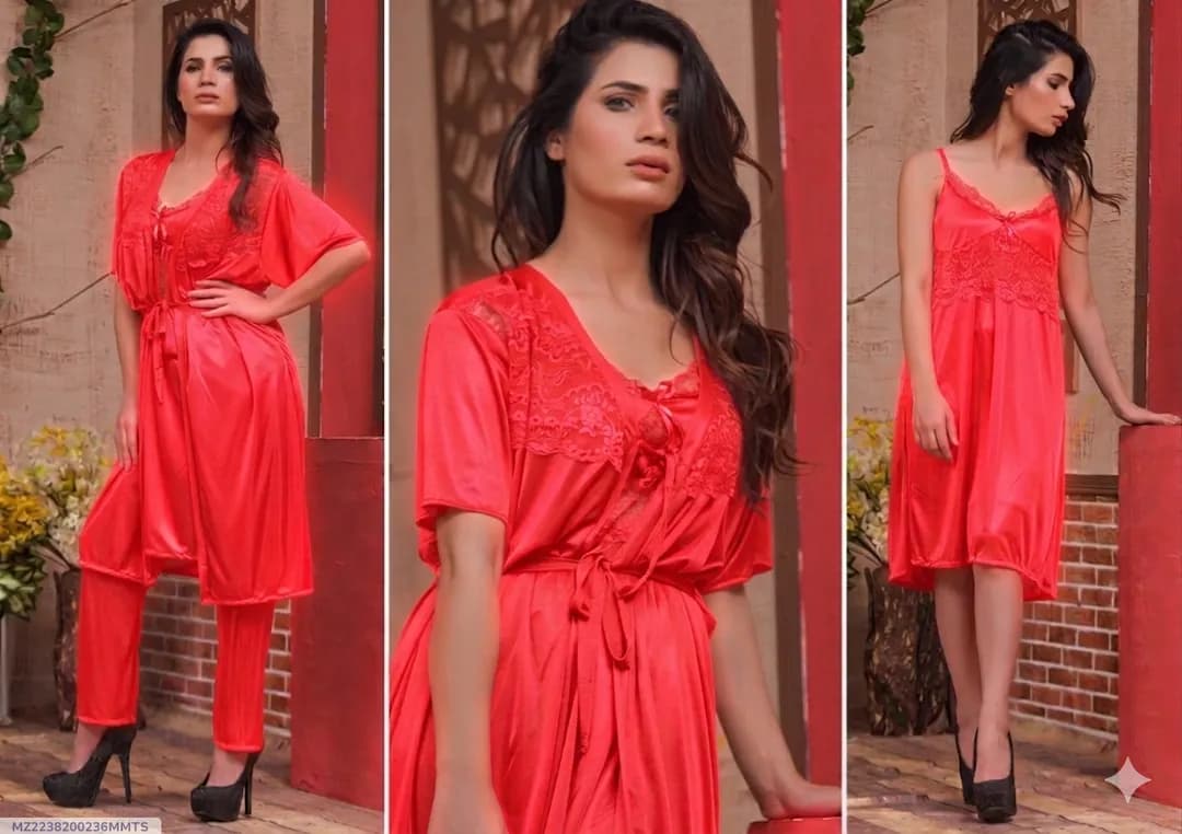 Red Silk Lace Nightgown Set with V-Neck