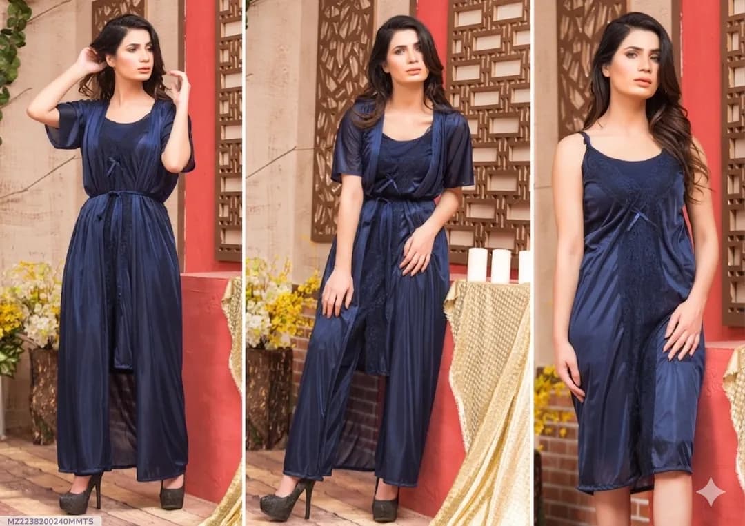 Blue Silk Lace Nightgown Set with V-Neck