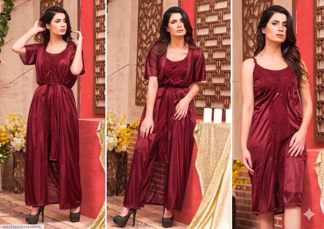 Maroon Silk Lace Nightgown Set 2 Pcs
