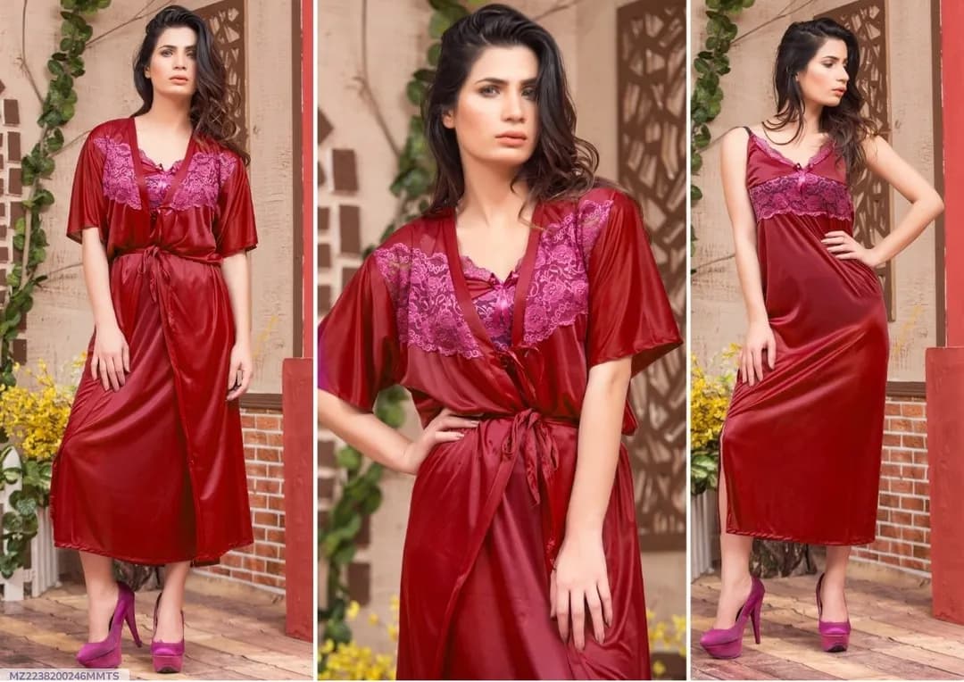 Maroon Silk Lace V-Neck Nightgown Set 2 Pcs