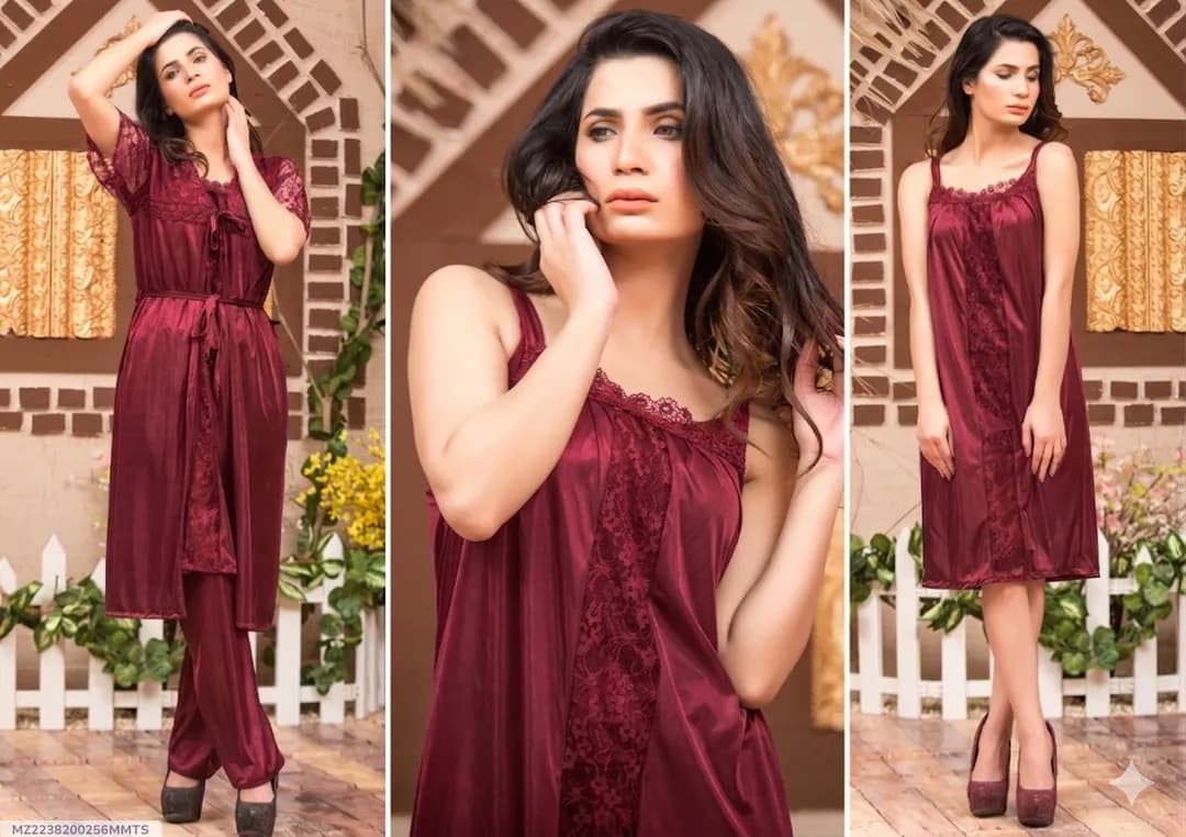 Maroon Silk Lace Night Suit 3 Pcs Women