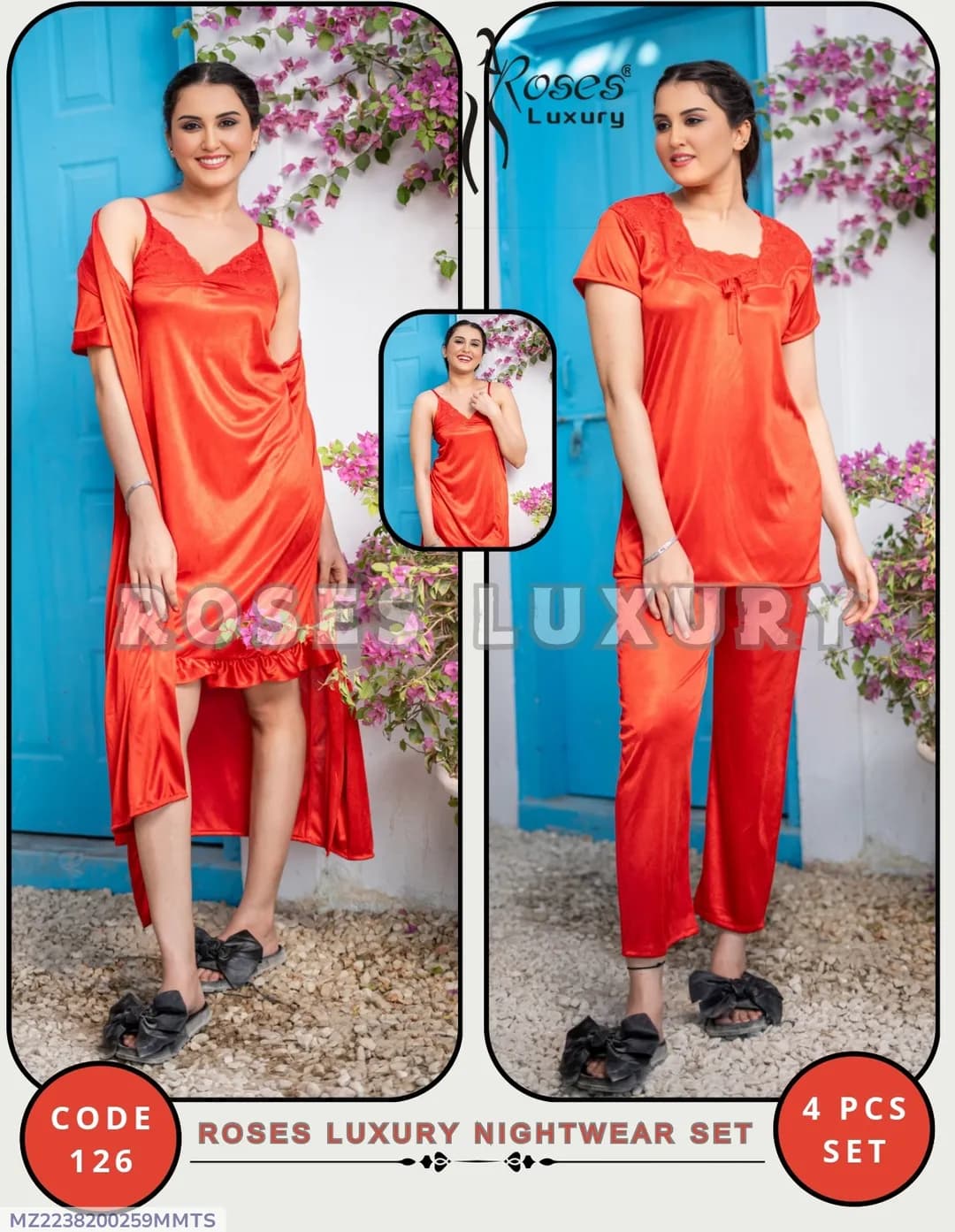 Red Silk Nighty 4 Pcs Women Set with V-Neck
