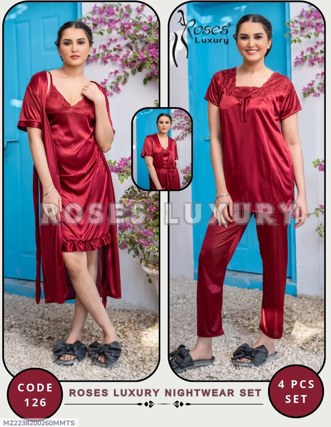 Maroon Silk Nightwear Set 4 Pcs Women