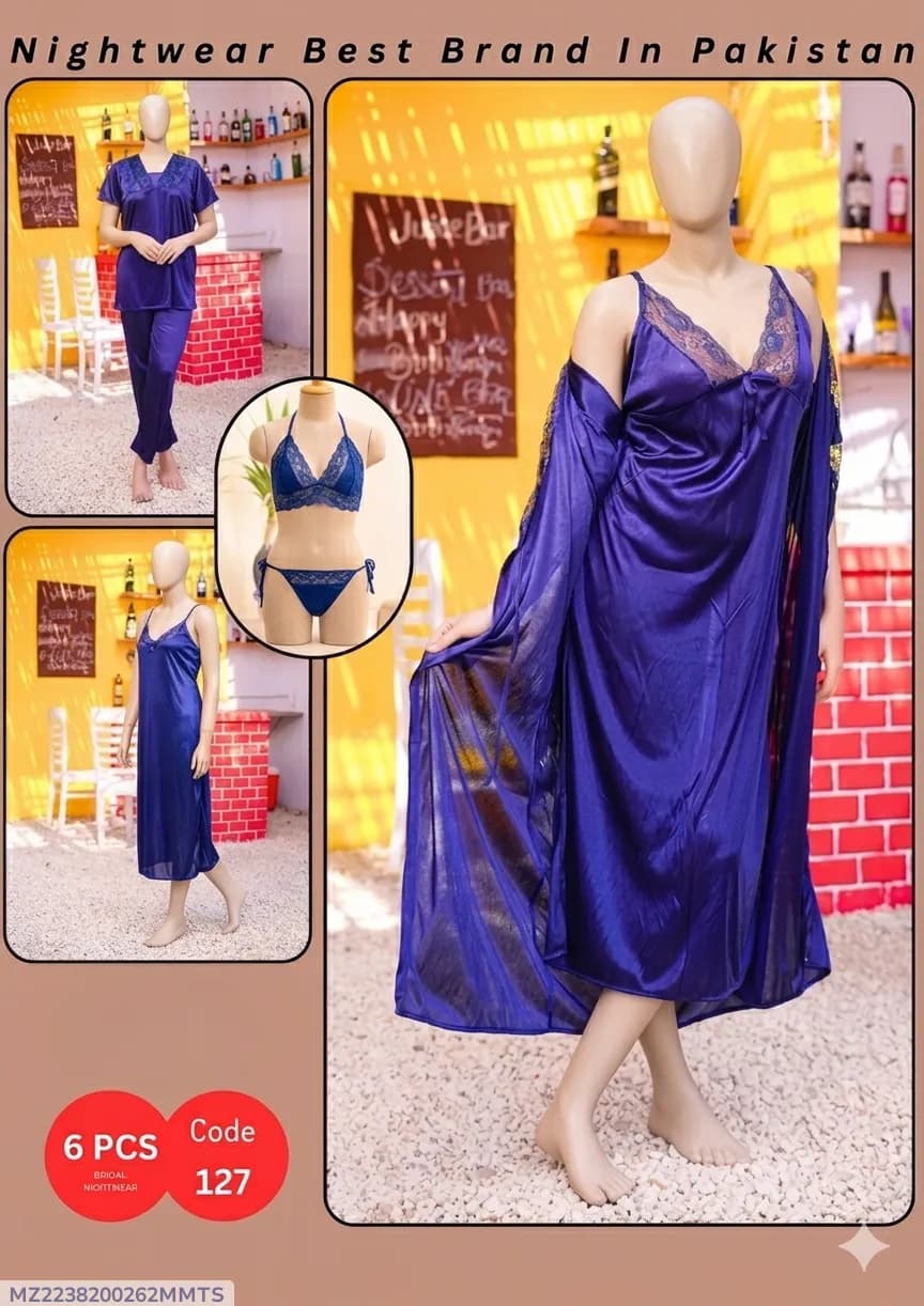 Blue Silk V-Neck Nighty Set 6 Pcs Women