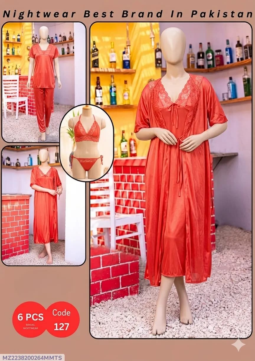 Red Silk Nighty Set 6 Pcs Women Stitched