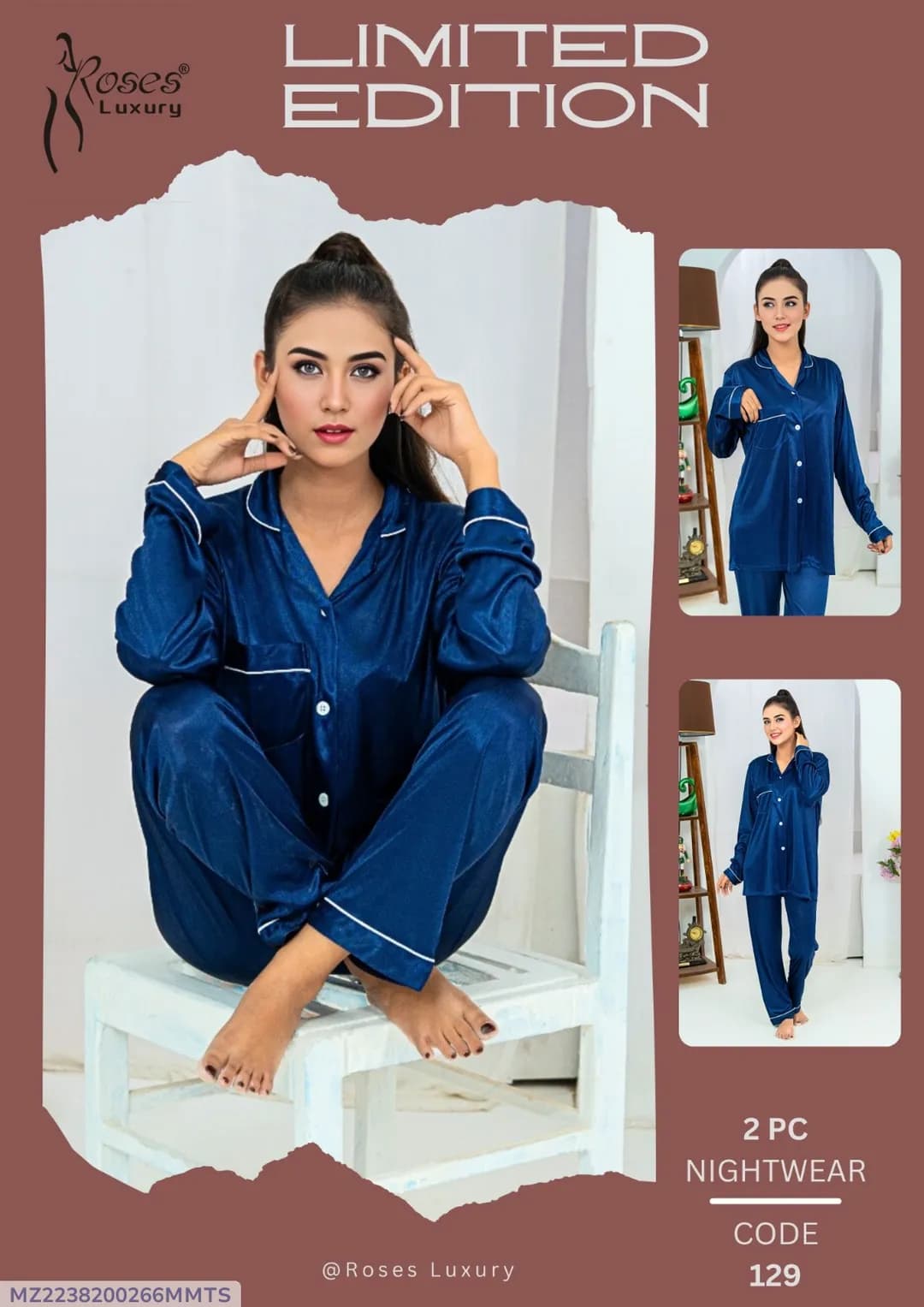 Women Silk Printed Night Suit Blue 2 Pcs