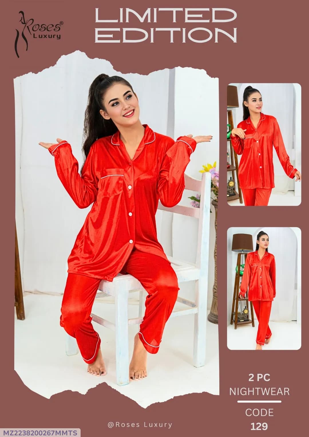 Red Silk Printed 2Pc Nighty Set for Women