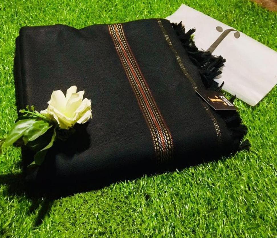 Men Black Wool Shawl with Fringes & Woven Stripe