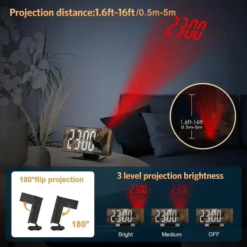 LED Alarm Clock Projector Bright 3 Level Projection