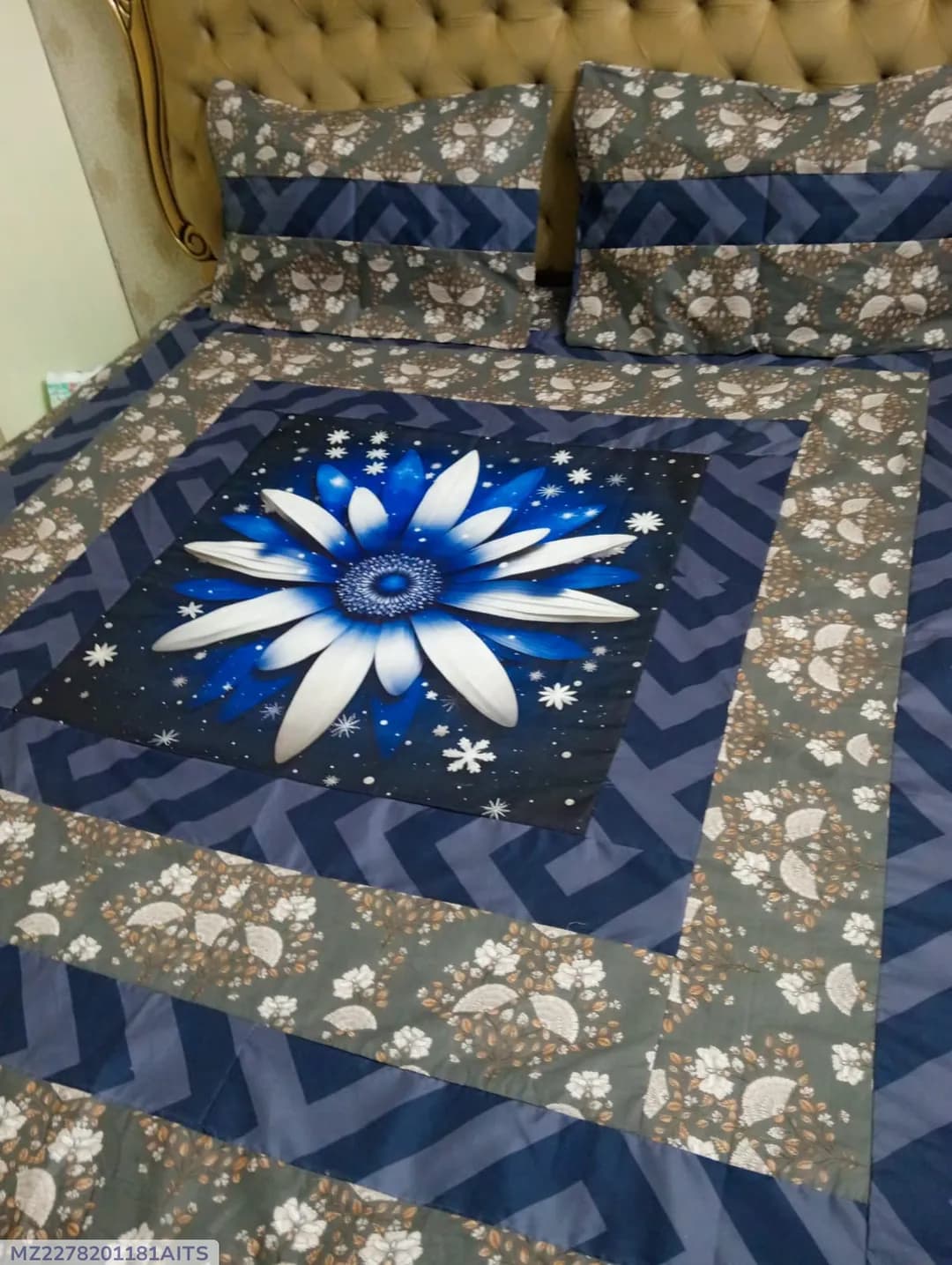Cotton Patchwork Double Bed Sheet Set Blue