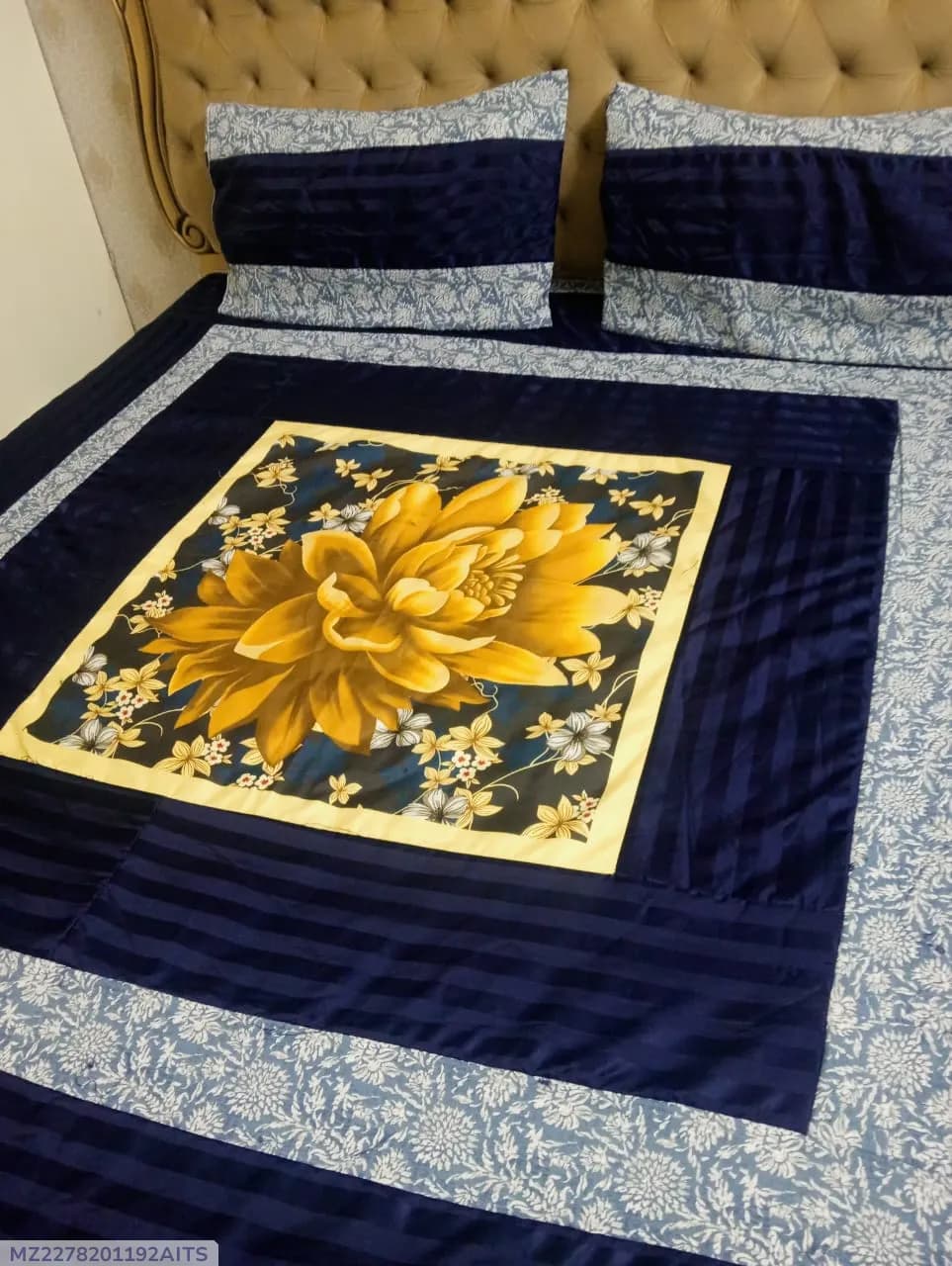 Blue Patchwork Cotton Bedsheet Set for Double Bed