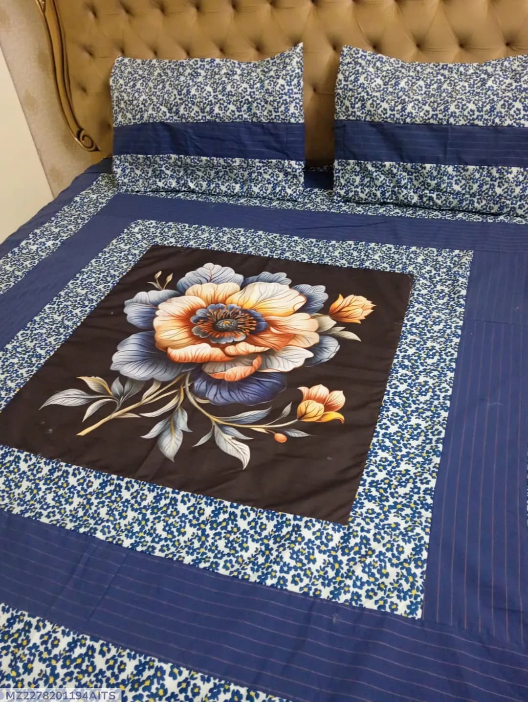 Cotton Patchwork Double Bed Bedsheet Set Blue