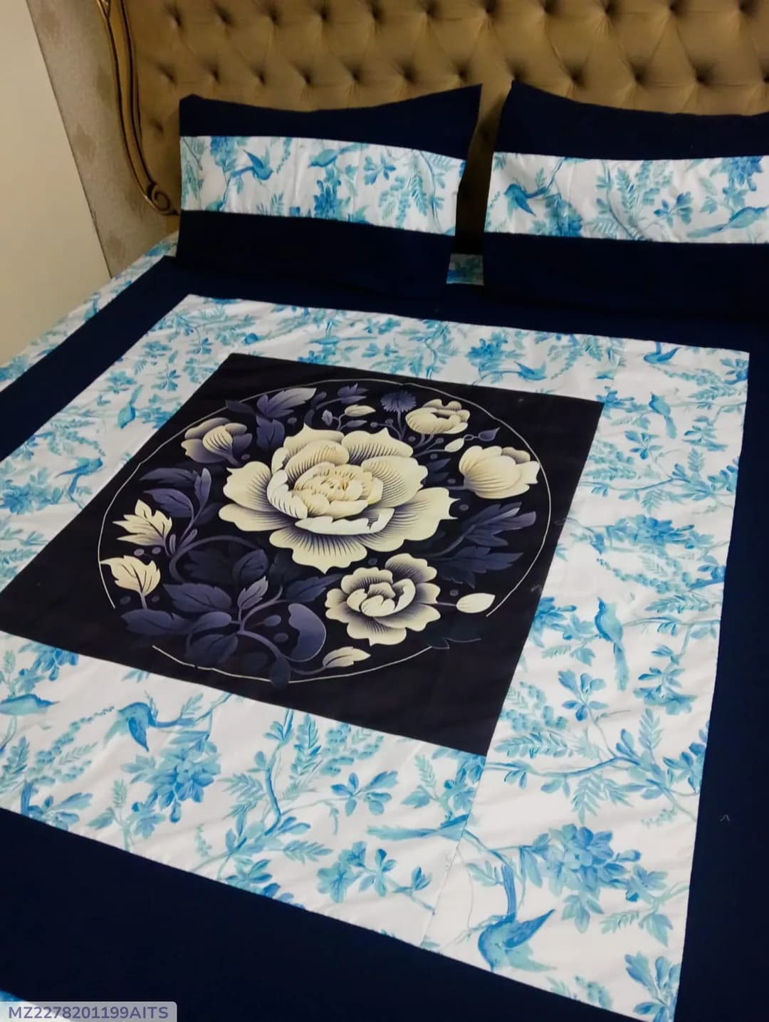 Cotton Patchwork Bedsheet Set Blue Double Bed