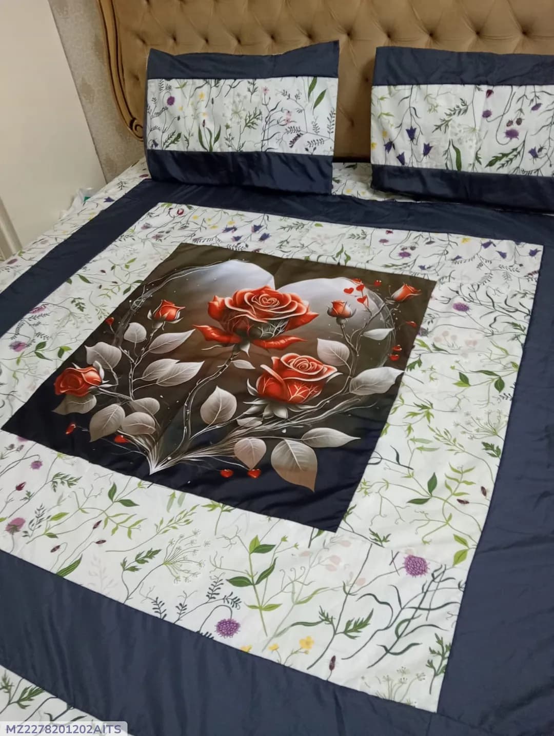 Cotton Patchwork Blue Rose Double Bedsheet Set 3 Pcs