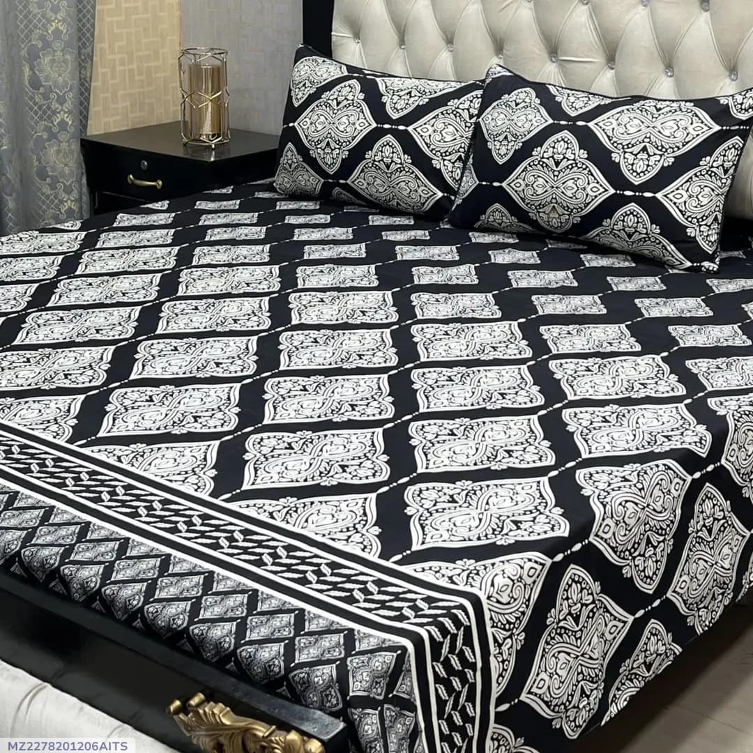 Crystal Cotton Printed Black Double Bedsheet Set 3 Pcs