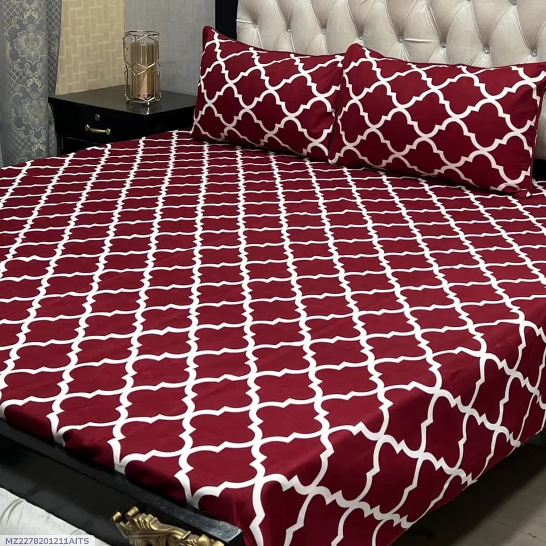 Red Crystal Cotton Double Bedsheet Set 3 Pcs
