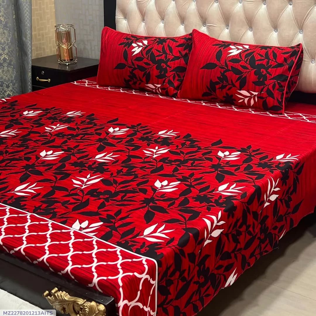 Red Crystal Cotton Double Bedsheet Set 3 Pcs