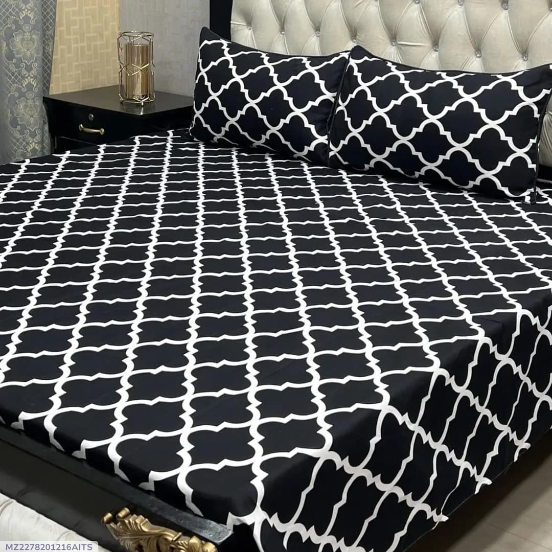 Black Printed Crystal Cotton Double Bedsheet Set of 3