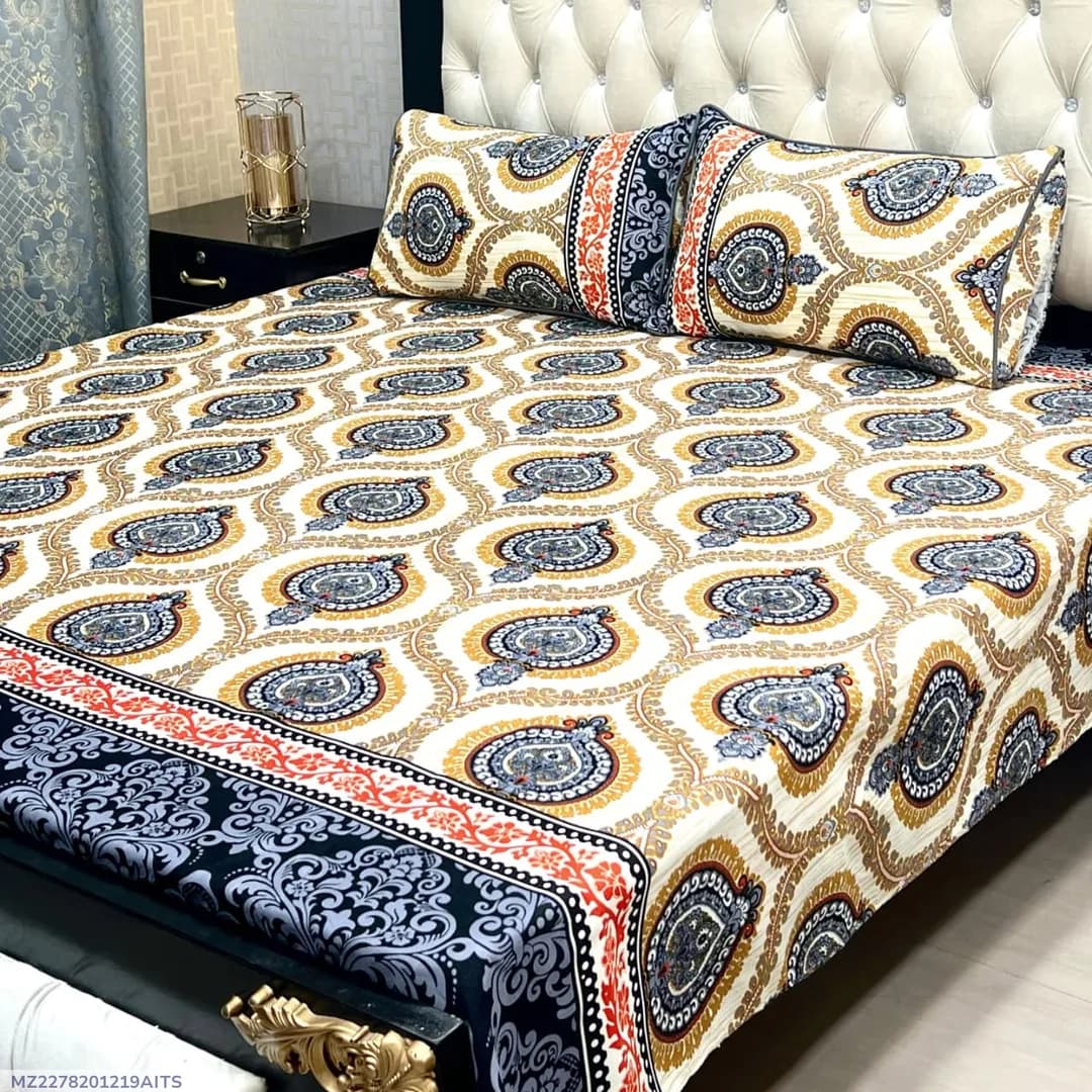 Crystal Cotton Printed Double Bedsheet Set Off White 3 Pcs