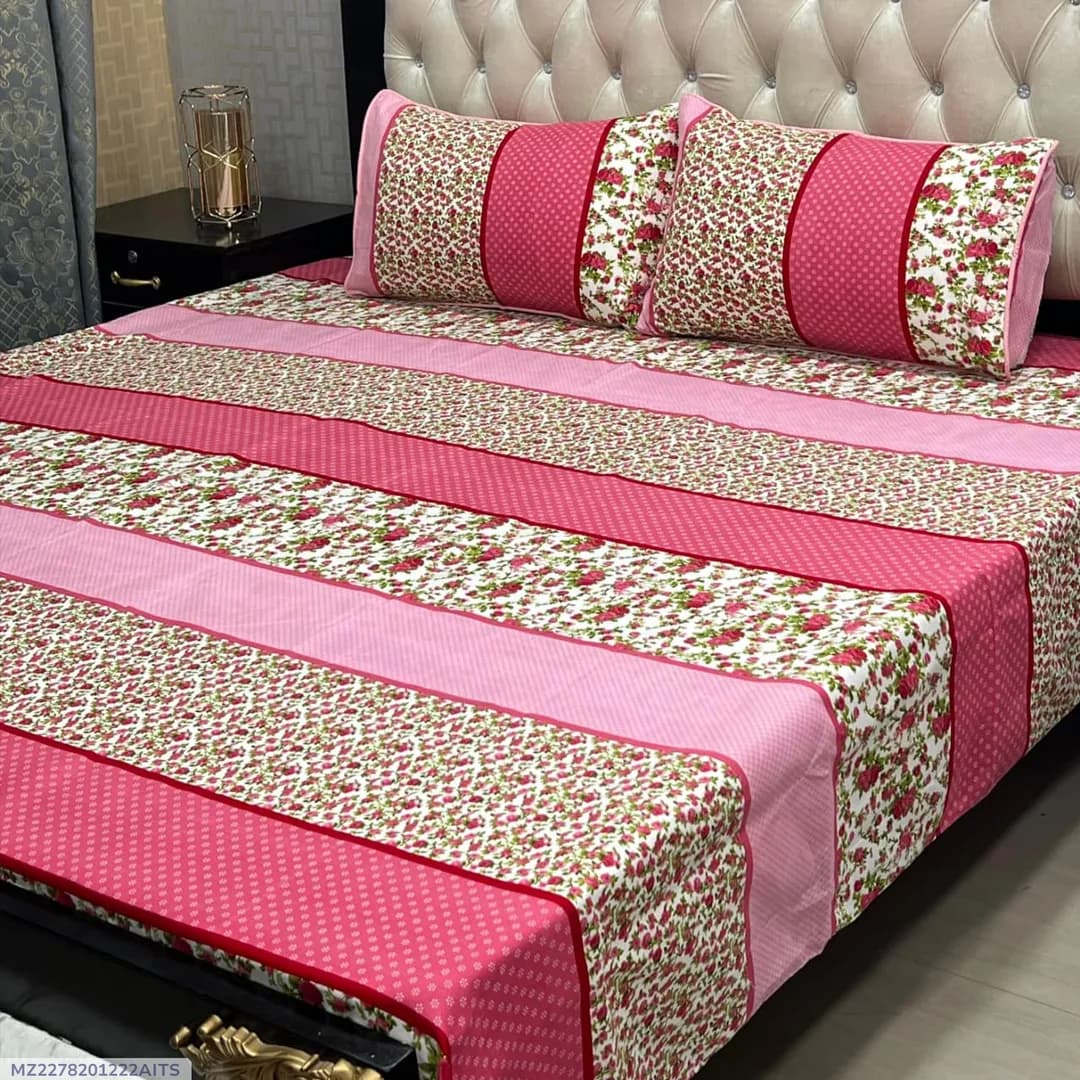 Pink Crystal Cotton Double Bedsheet Set 3 Pcs