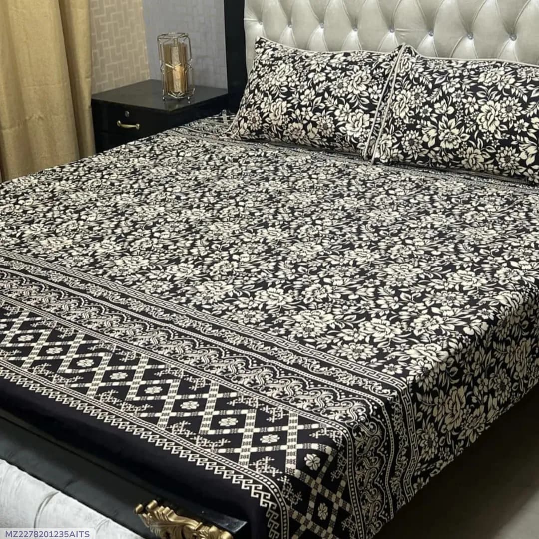Crystal Cotton Printed Double Bedsheet Set Blue 3 Pcs