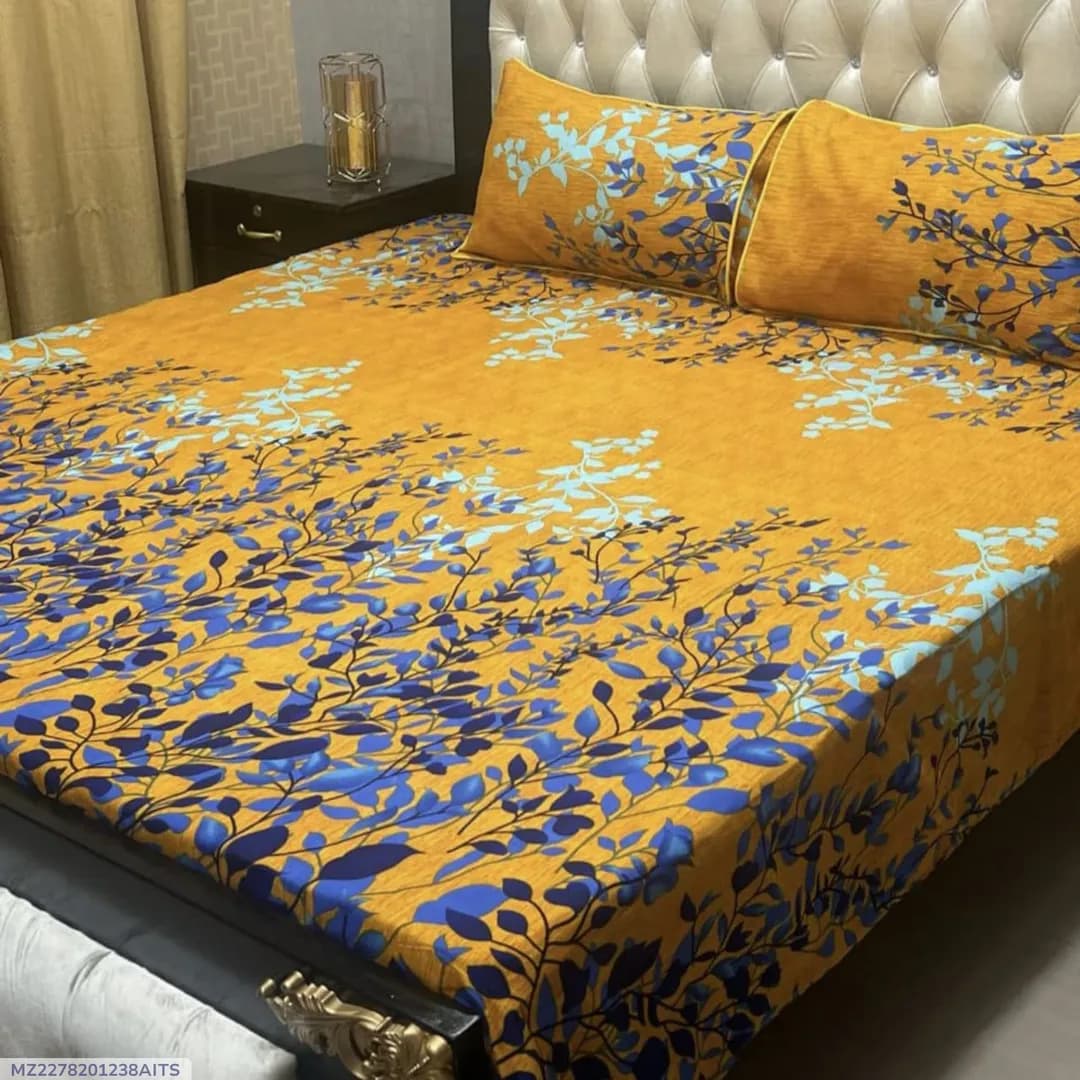 Crystal Cotton Printed Double Bedsheet Yellow 3 Pcs Set