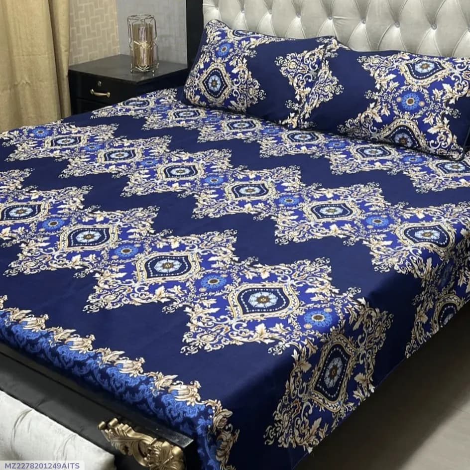Blue Crystal Cotton Printed Double Bedsheet Set of 3