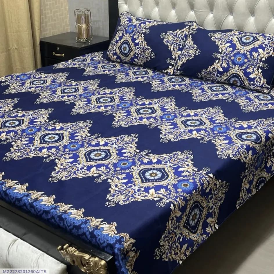Blue Crystal Cotton Printed Double Bedsheet Set of 3