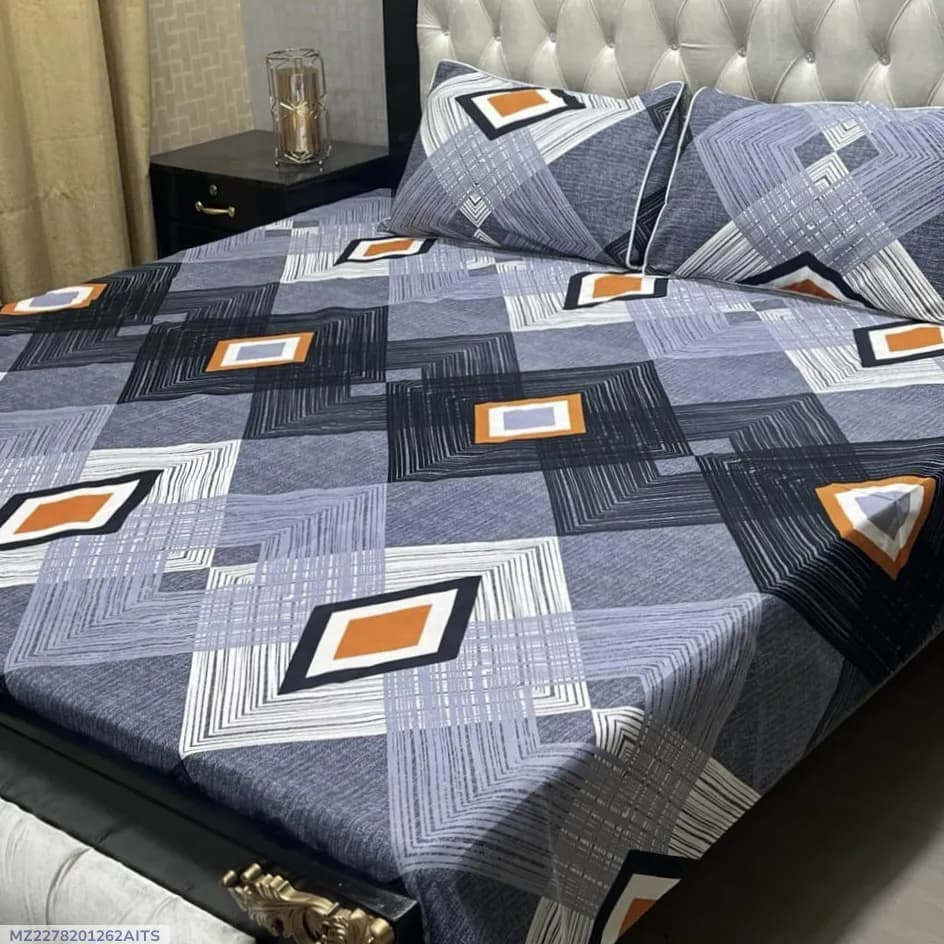 Crystal Cotton Printed Double Bedsheet Grey 3 Pcs Set