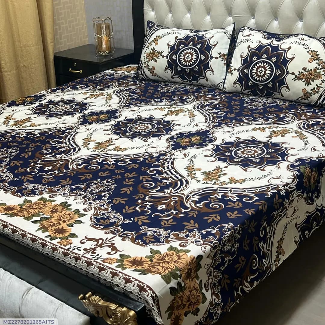 Crystal Cotton Printed Blue Double Bedsheet Set of 3