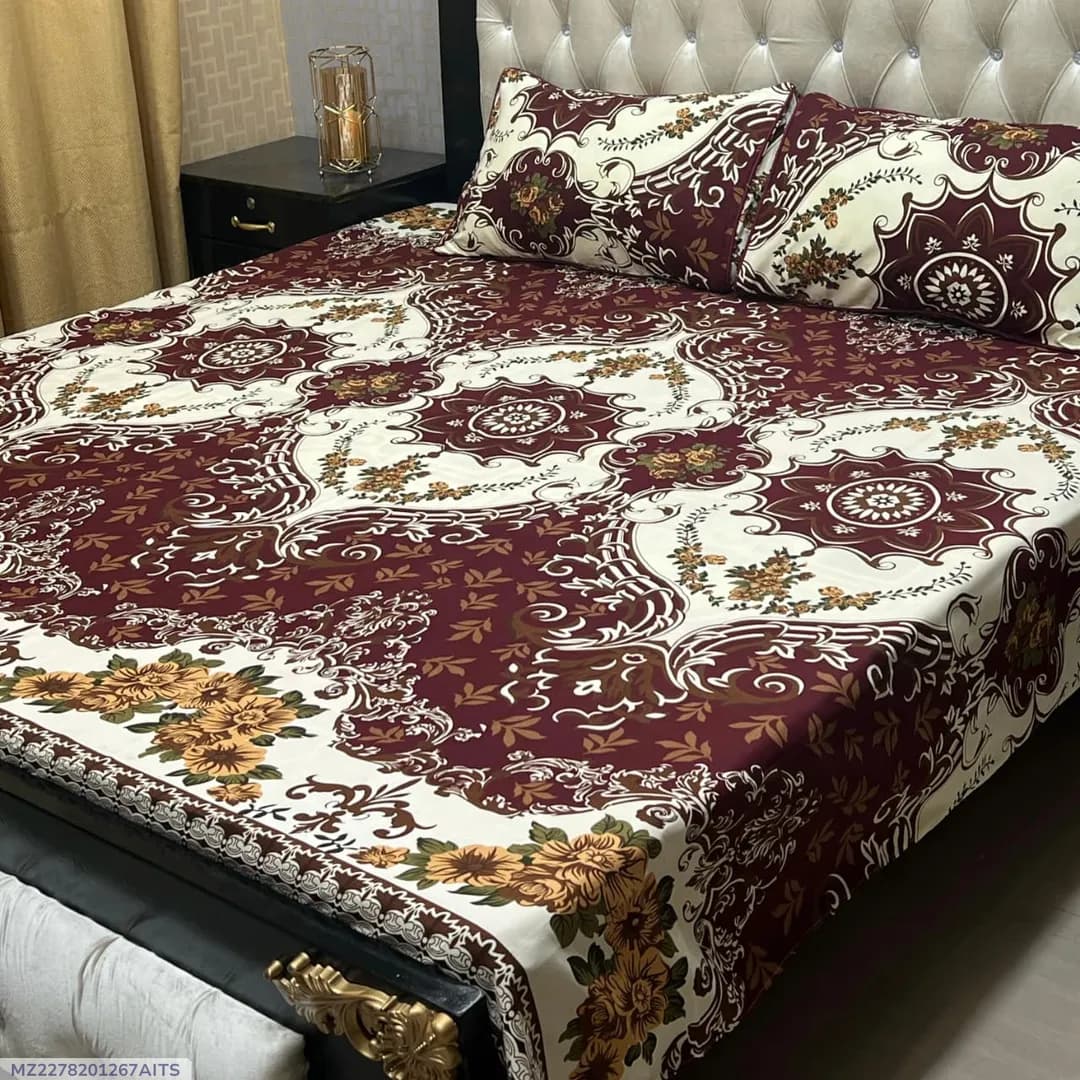 Maroon Crystal Cotton Double Bedsheet Set 3 Pcs