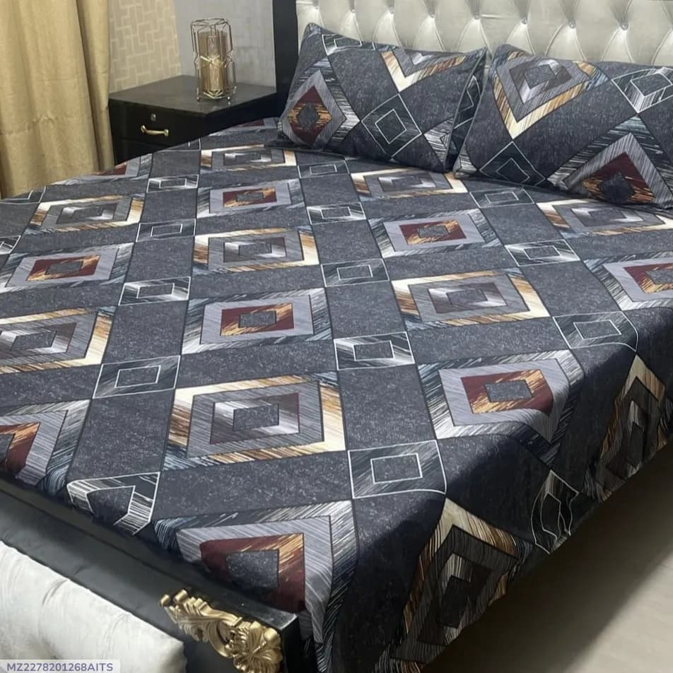 Crystal Cotton Printed Grey Double Bedsheet Set 3 Pcs