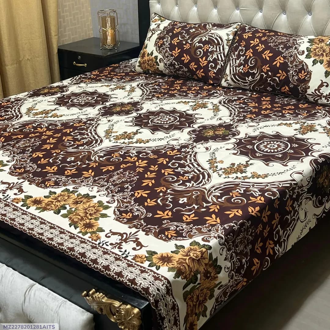 Crystal Cotton Printed Double Bedsheet Set Brown Floral Design