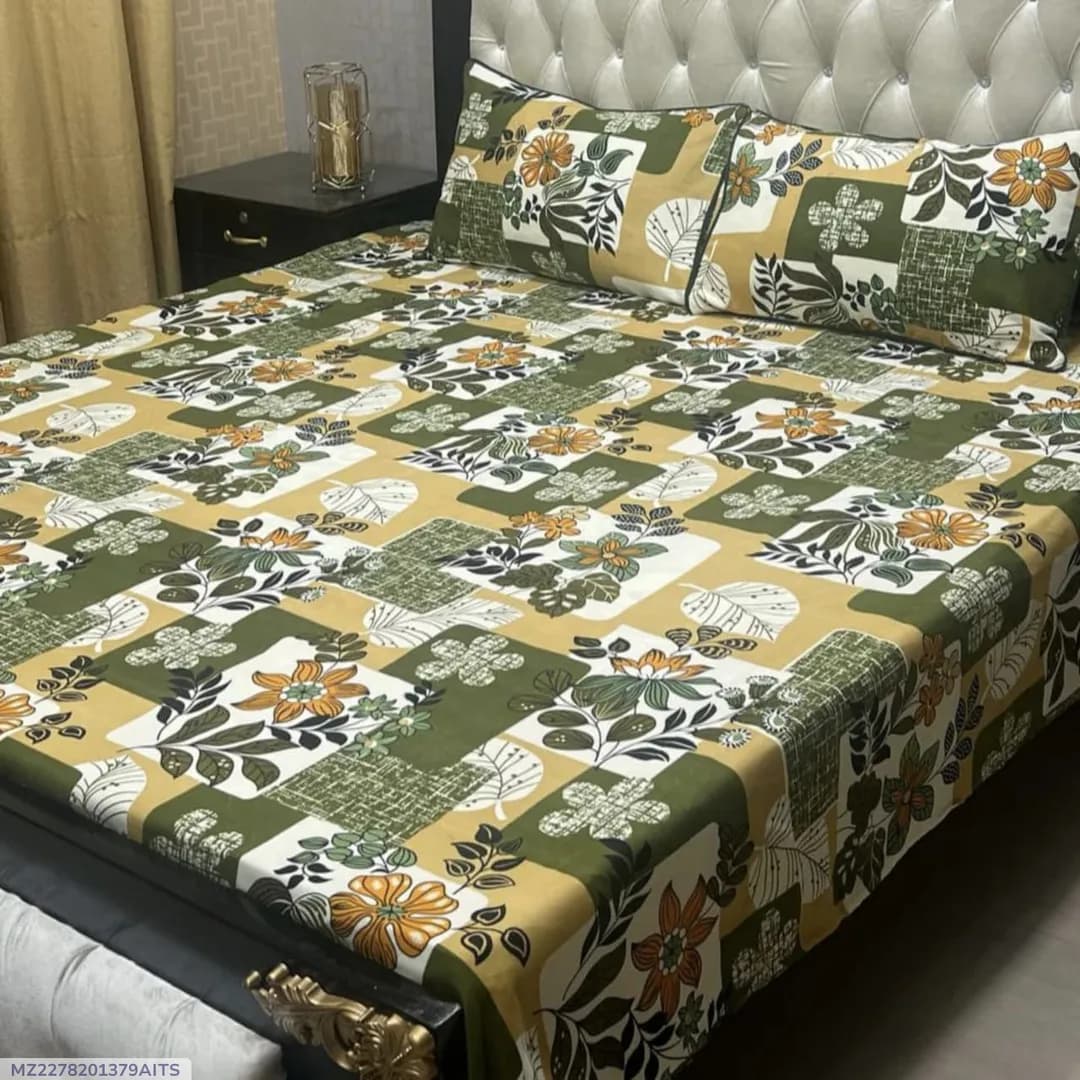 Crystal Cotton Printed Green Double Bedsheet 3 Pcs Set
