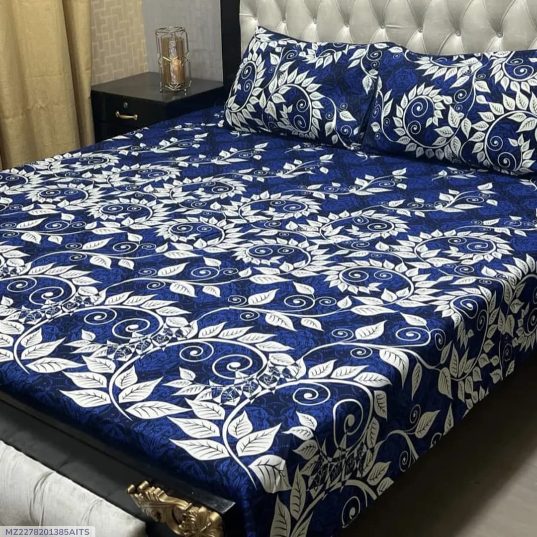 Blue Crystal Cotton Printed Double Bedsheet Set of 3