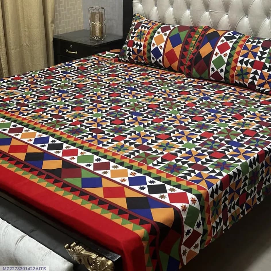 3 Pcs Crystal Cotton Printed Double Bedsheet