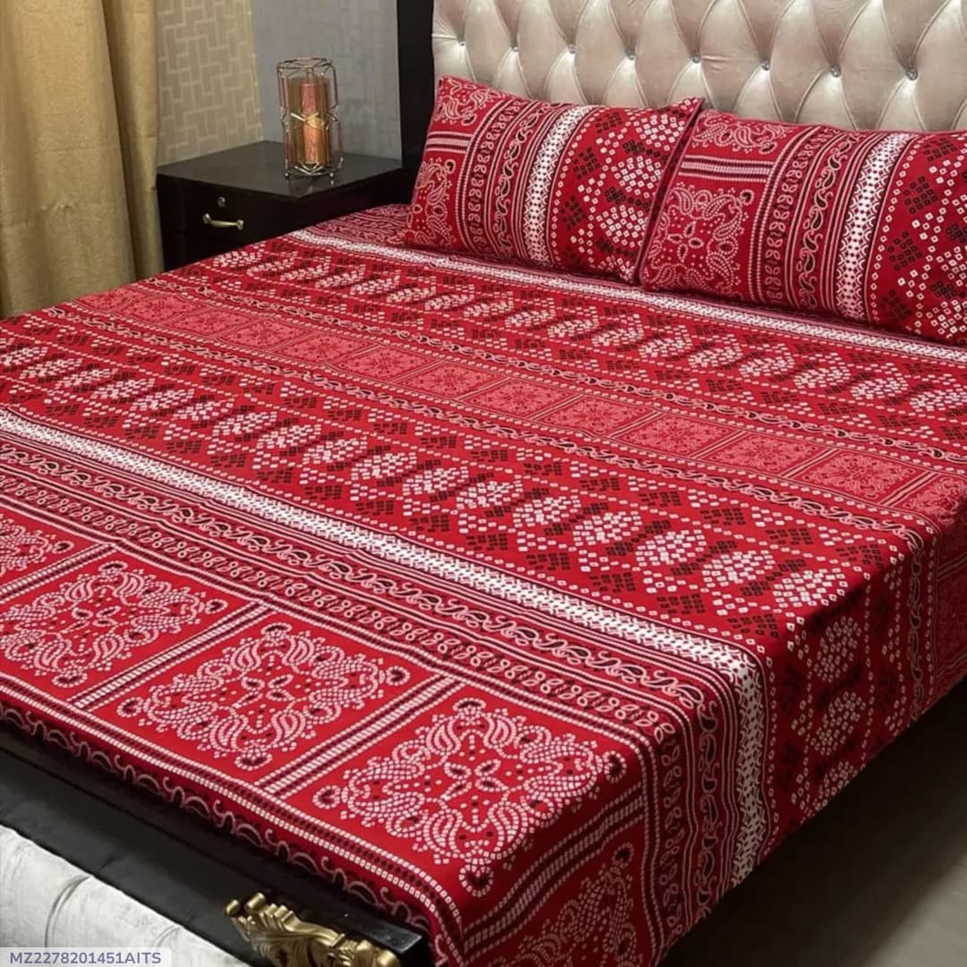 3 Pcs Crystal Cotton Printed Double Bedsheet