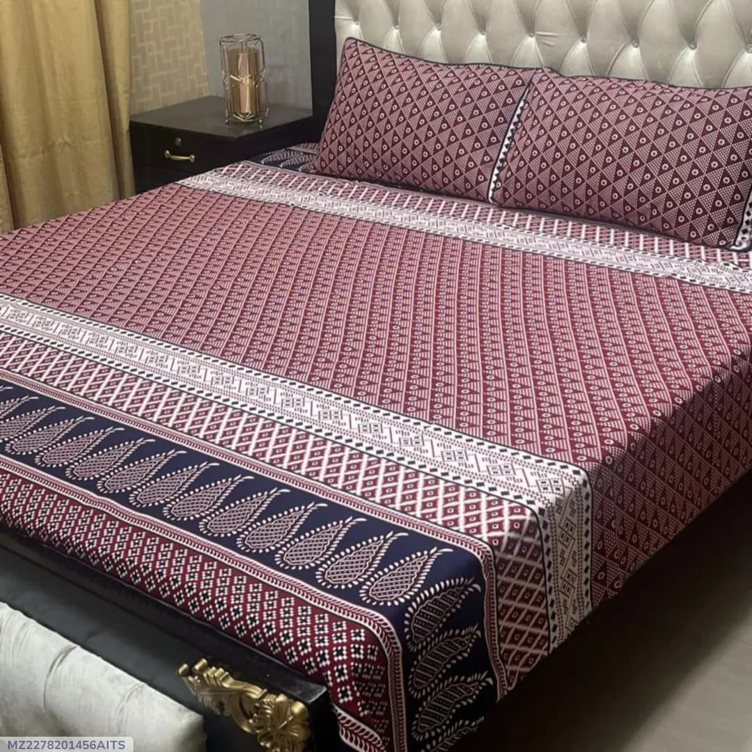 3 Pcs Crystal Cotton Printed Double Bedsheet