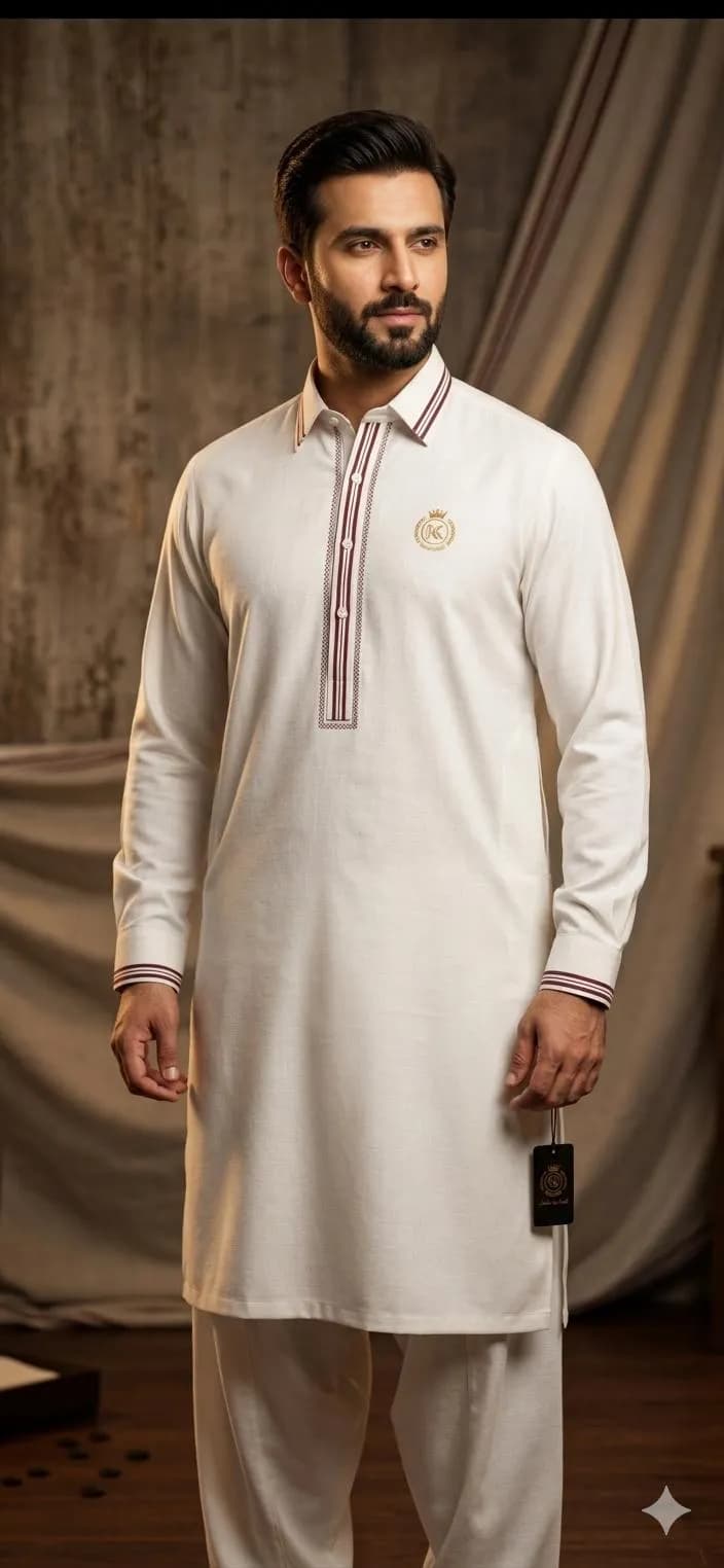 Men's White Embroidered Kurta Pajama Set