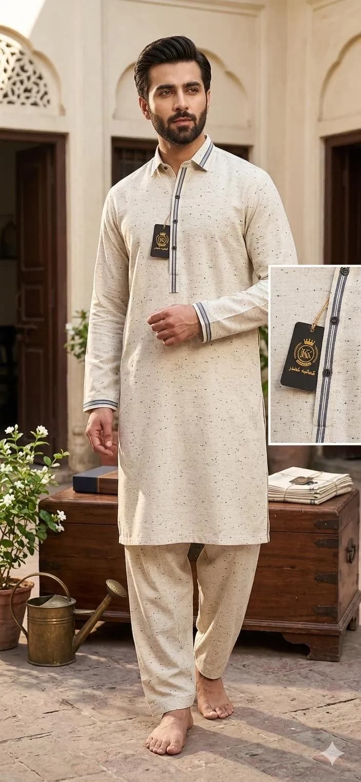 Men's Beige Khaddar Kurta Set with Matching Pants