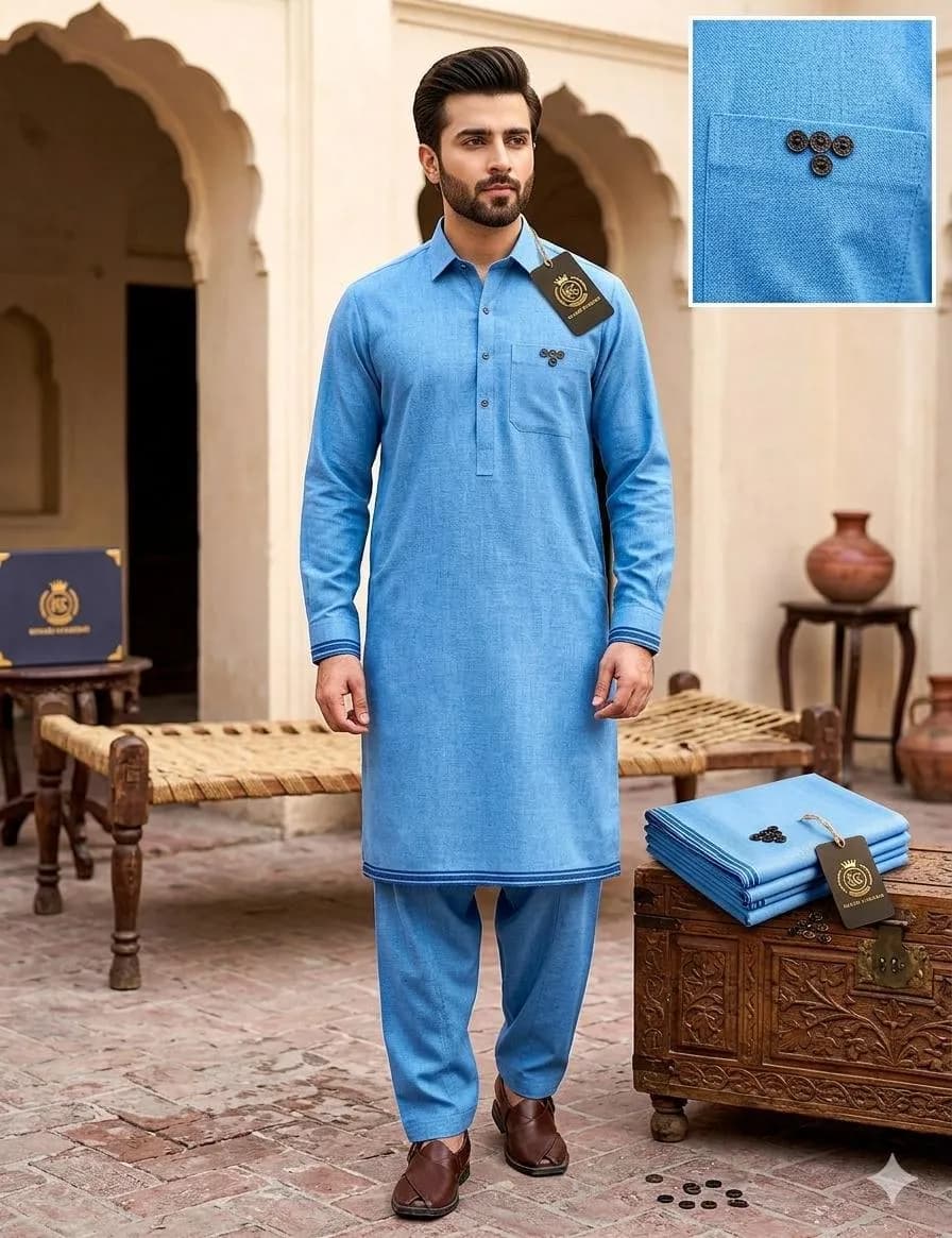 Men Khaddar Plain Blue Suit Summer