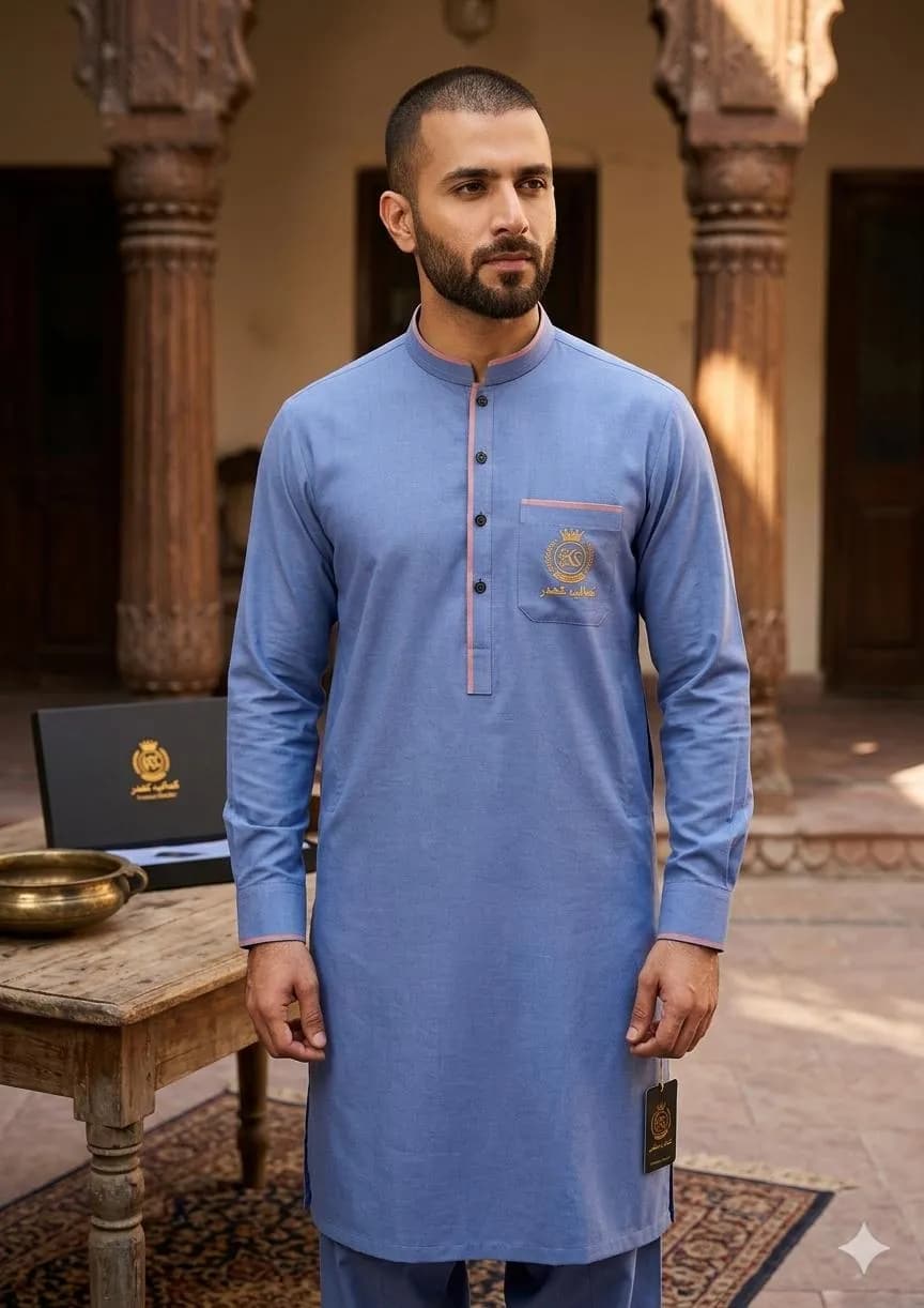 Men Khaddar Plain Blue Suit Summer
