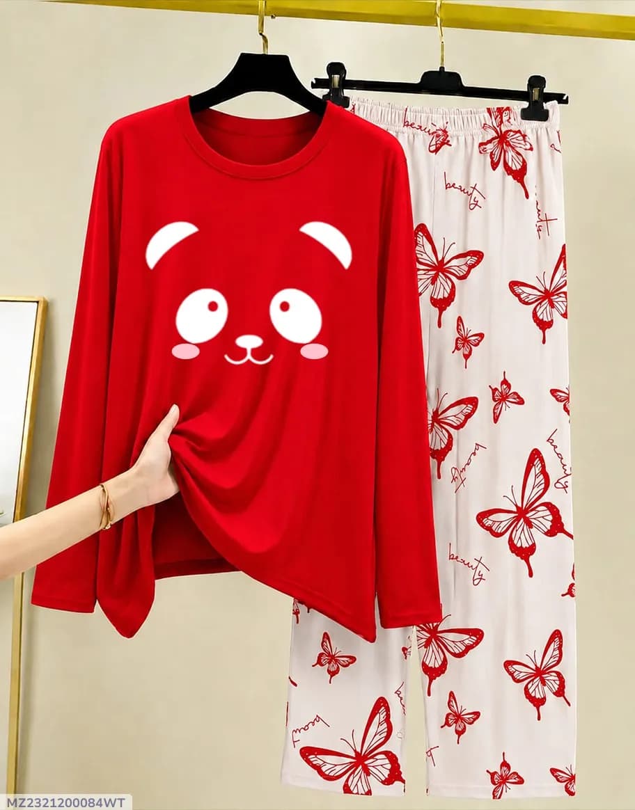 Red Printed Night Suit for Women Cotton Jersey 28"