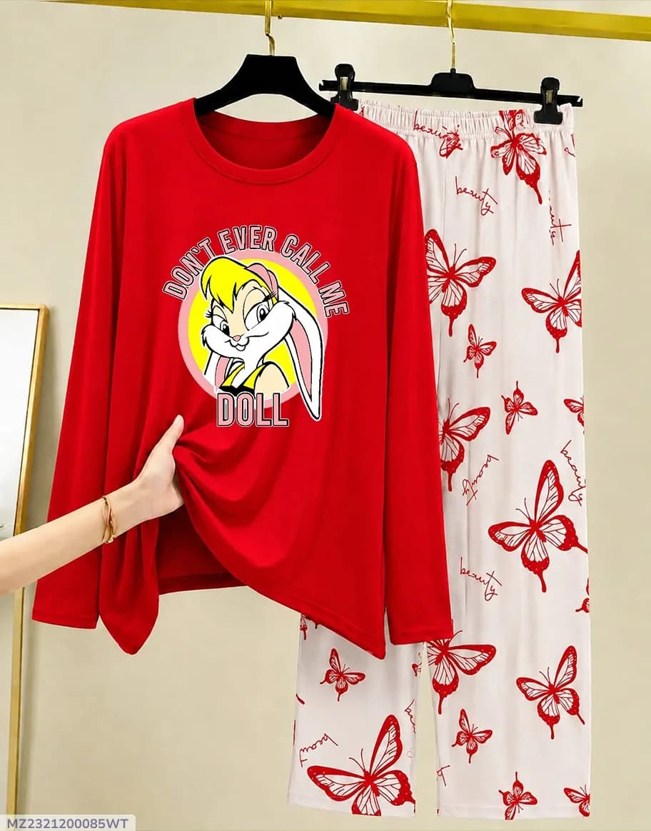 Women Red Printed Night Suit 2Pc Cotton Jersey