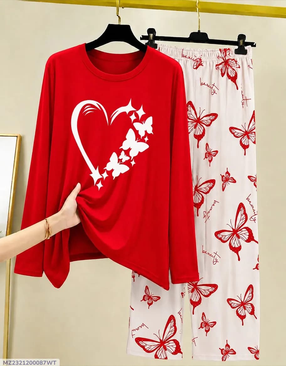 Women Red Butterfly Printed Night Suit 2Pc Cotton Jersey
