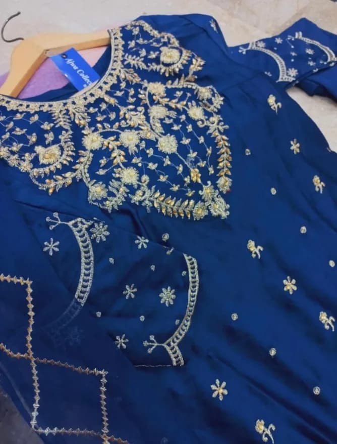 Blue Heavy Embroidered Shamose Silk Maxi Dress 3Pcs Party Wear