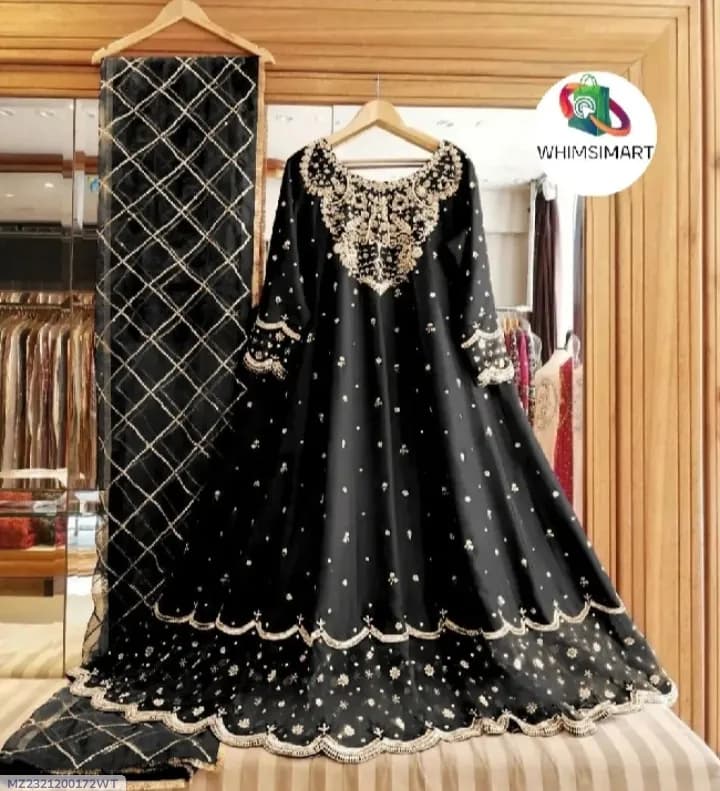 Black Heavy Embroidered Shamose Silk Maxi Dress 3Pcs Party Wear