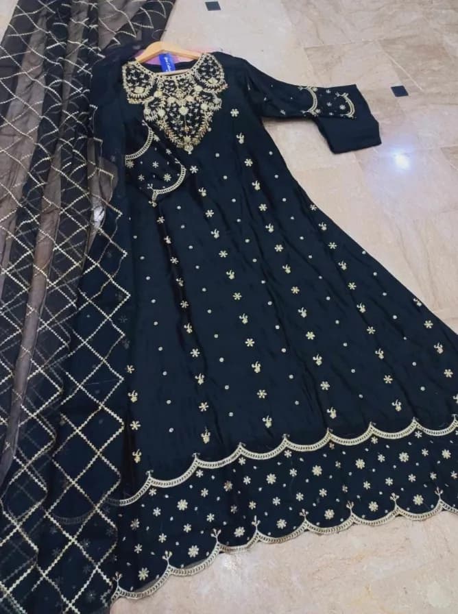Black Heavy Embroidered Shamose Silk Maxi Dress 3Pcs Party Wear