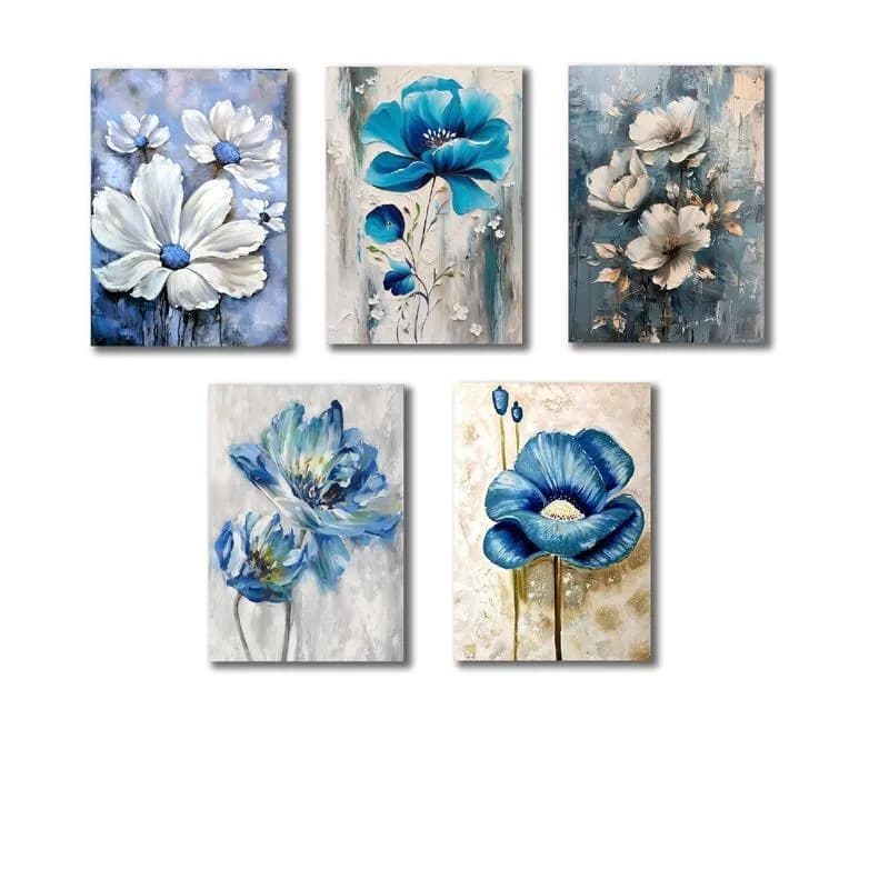 5-Piece Blue Floral Wall Art Set for Home Decor