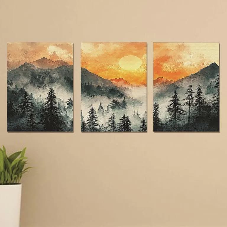 Abstract Mountain Art Set 3Pcs Sunset Misty Pine Forest